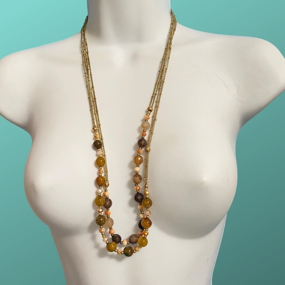 Natural Stone & Glass Beads Pair of Gold Tone Necklaces - Picture 1 of 10